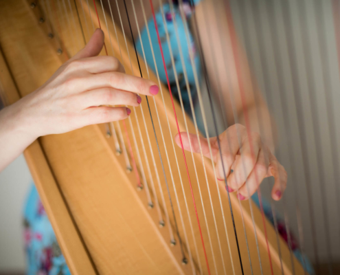 Bethan Nia playing her harp strings